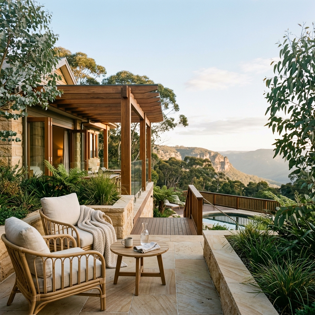 Resort terrace framed by native Australian landscaping