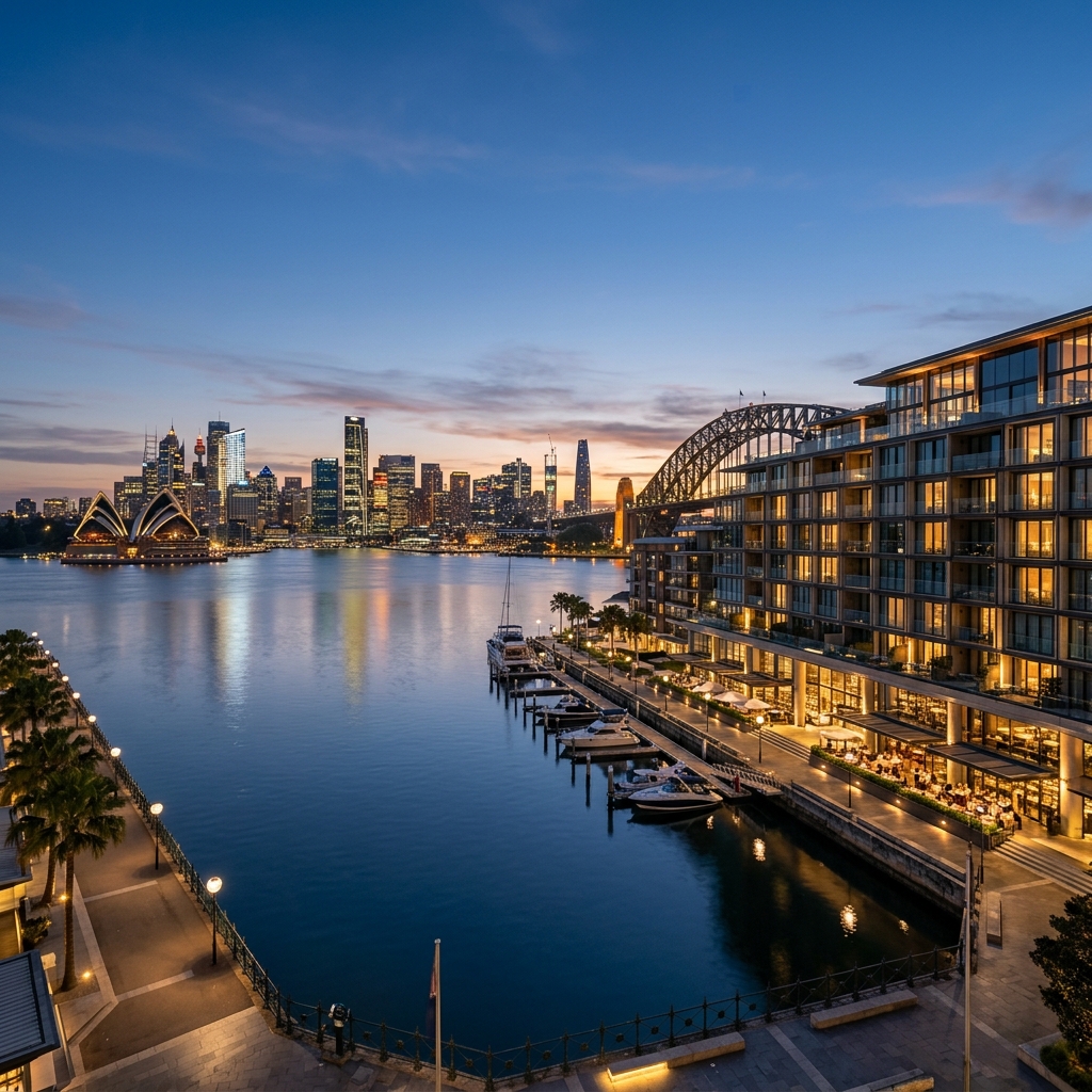 Harbour Crown Retreat beside Sydney Harbour at dusk