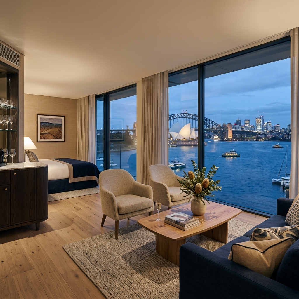 Elegant harbour-view hotel suite